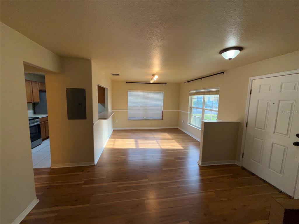 An open-concept living area features wood-look flooring, a pass-through window to the kitchen, and windows — 37603 DALIHA TERRACE, ZEPHYRHILLS, FL