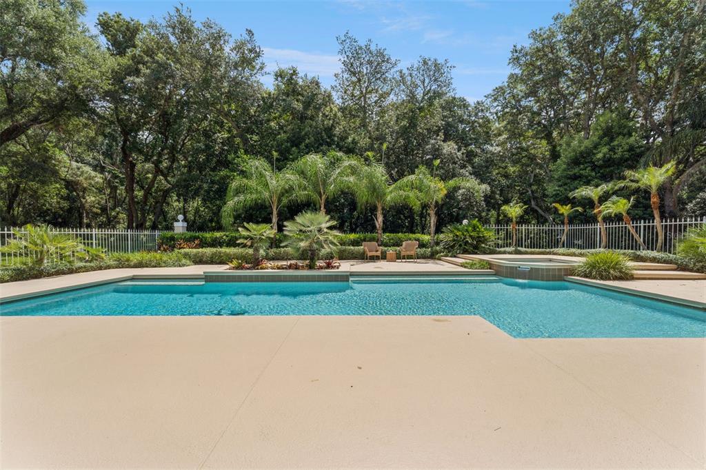 A rectangular swimming pool with a spa sits on a patio surrounded by lush trees — 632 E CLUB CIRCLE, LONGWOOD, FL