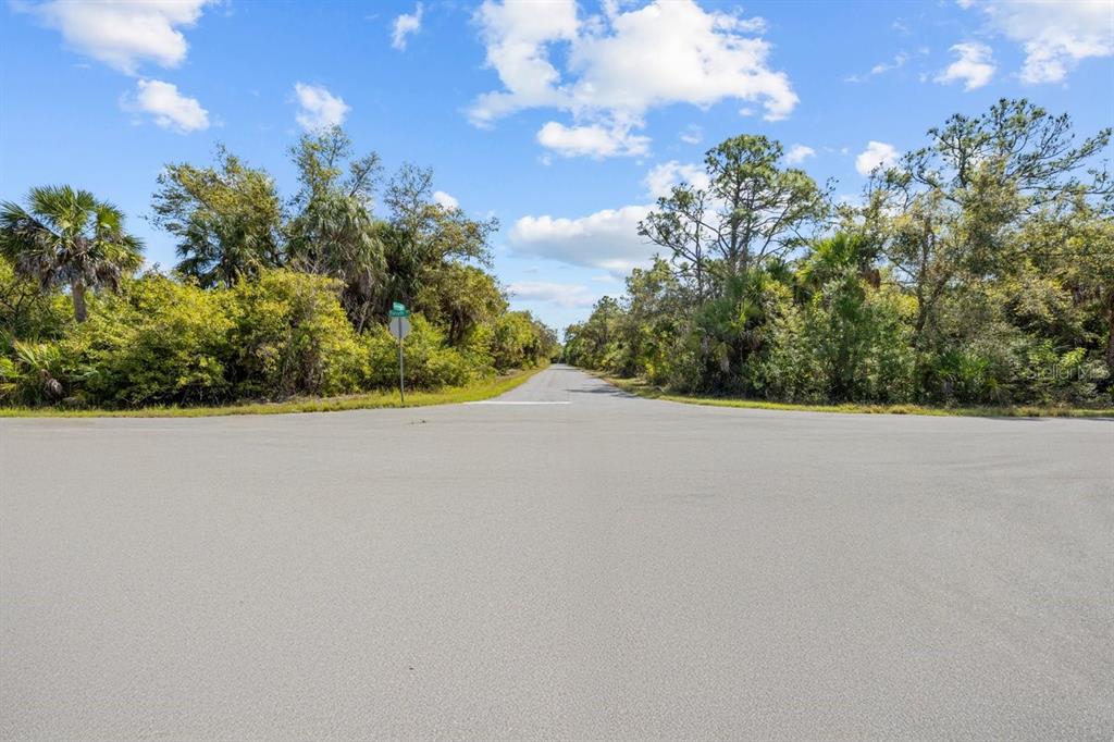 An asphalt road stretches into a dense, wooded area under a bright, partly cloudy sky — 18047 SAVAGE AVENUE, PORT CHARLOTTE, FL