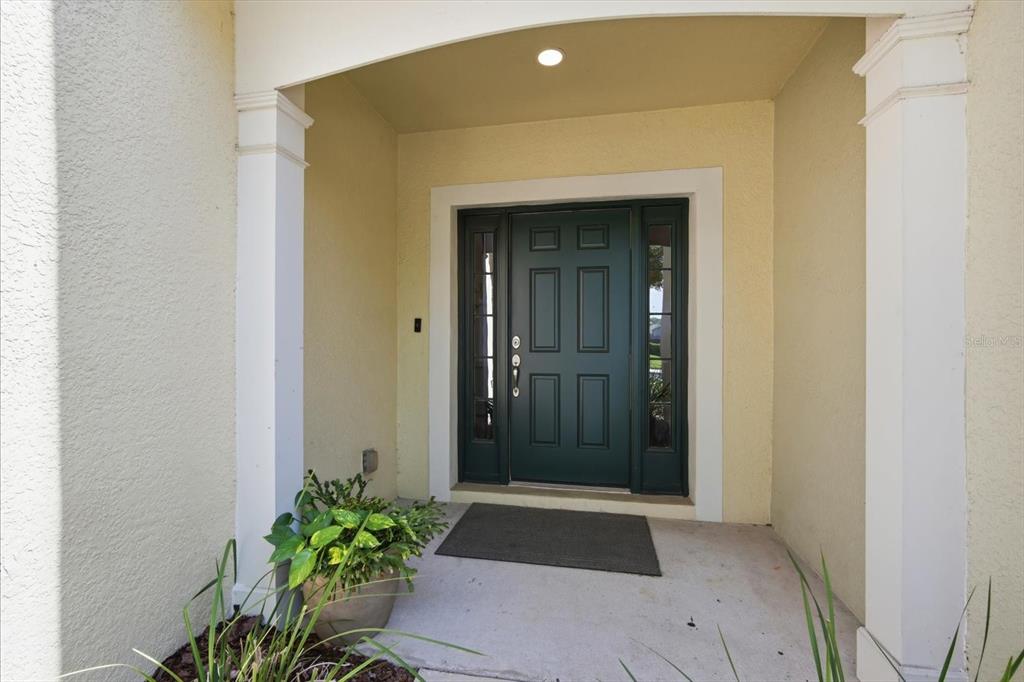 A covered front entryway features a dark green door with sidelights and a concrete porch — 4611 POND RIDGE DRIVE, RIVERVIEW, FL