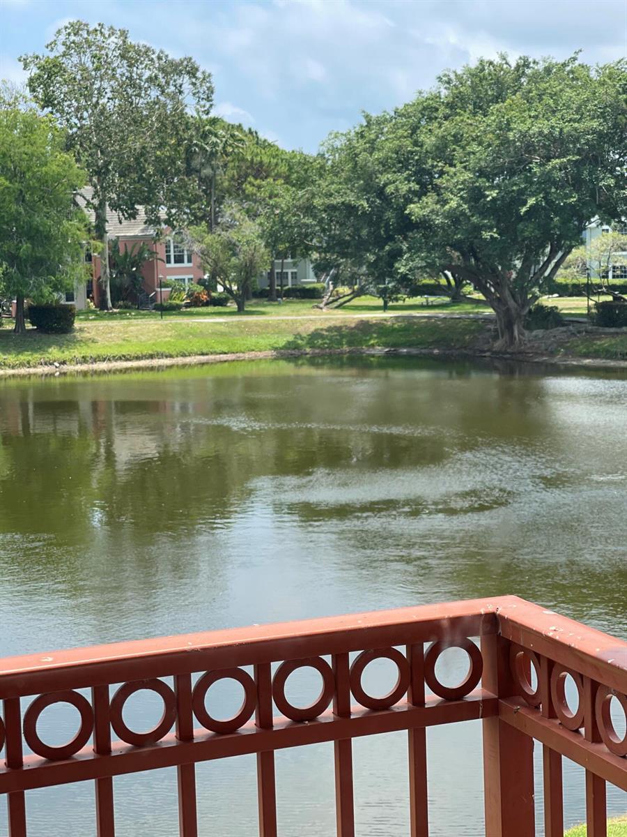 A view of a pond and surrounding trees from a balcony with a brown railing — 2040 Alta Meadows Lane # 1605, Delray Beach FL 33444, DELRAY BEACH, FL