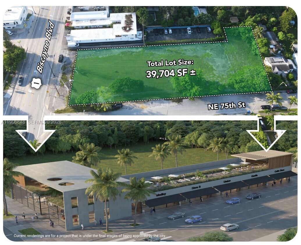 An aerial view of a vacant lot and a rendering of a proposed commercial building — 7460 Biscayne Blvd, Miami FL 33138, MIAMI, FL