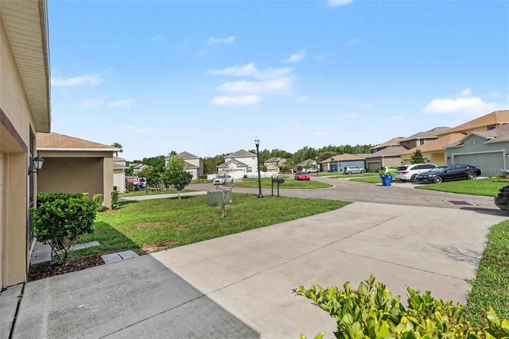 A view of a suburban residential street with houses, driveways, and a grassy lawn — 21087 PLEASANT PLAINS PARKWAY, LAND O LAKES, FL