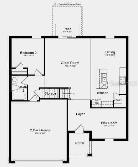 This floor plan shows a single-story home layout with a two-car garage, kitchen, and patio — 212 STREAMWATER WAY, GROVELAND, FL