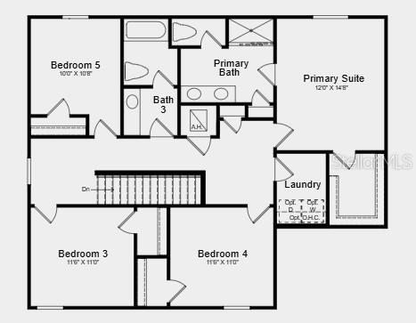 This floor plan shows the upper level of a house with four bedrooms, two bathrooms, and laundry — 212 STREAMWATER WAY, GROVELAND, FL