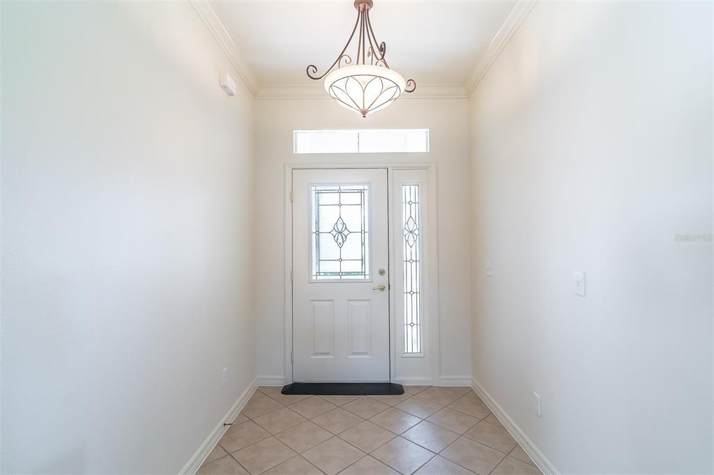 An entryway features a white front door with a glass insert, tile flooring, and chandelier — 9288 SW 93RD CIRCLE, OCALA, FL