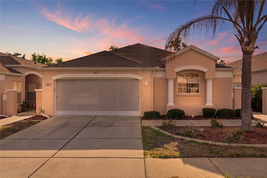 A single-story peach-colored house with a two-car garage and a palm tree in front — 295 ROYAL PALM WAY, SPRING HILL, FL