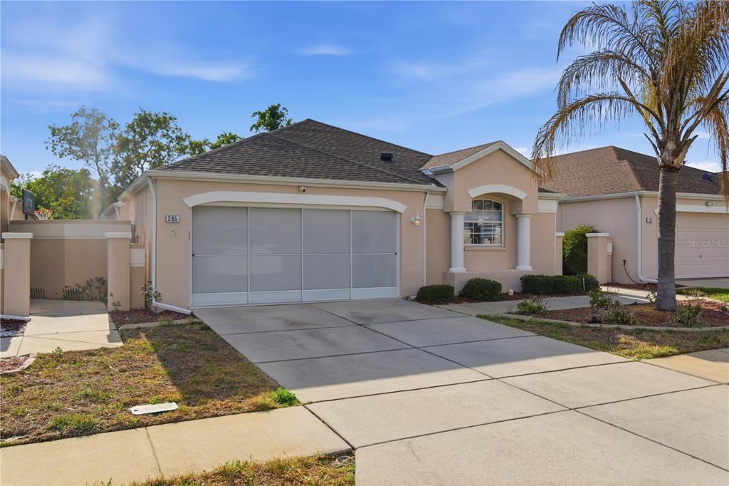 A single-story house with a beige stucco exterior, a two-car garage, and a palm tree — 295 ROYAL PALM WAY, SPRING HILL, FL