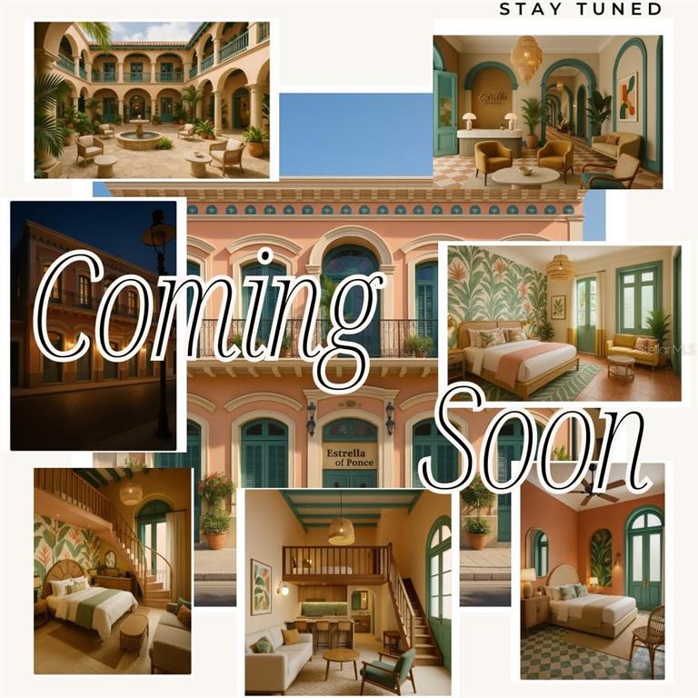 This is a collage of architectural renderings showcasing the interior and exterior of a hotel — 31-33 MARINA STREET, PONCE, PR