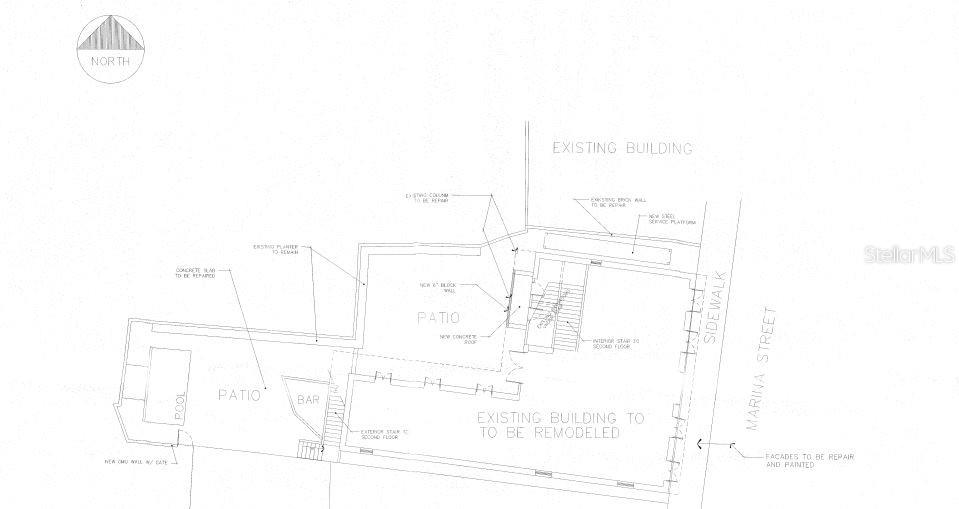 This is a site plan showing the layout of a building, patio, pool, and sidewalk — 31-33 MARINA STREET, PONCE, PR
