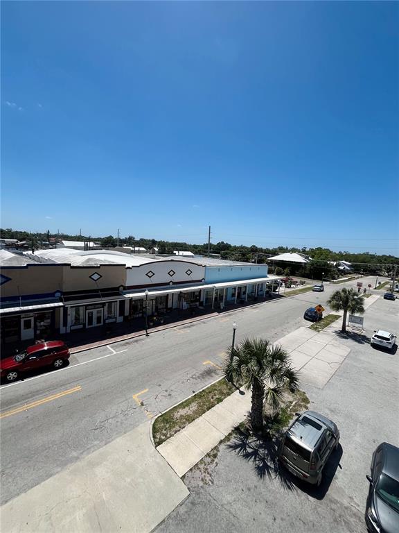 An elevated view of a street with storefronts, parked cars, and a palm tree — 215 W OAK STREET, ARCADIA, FL