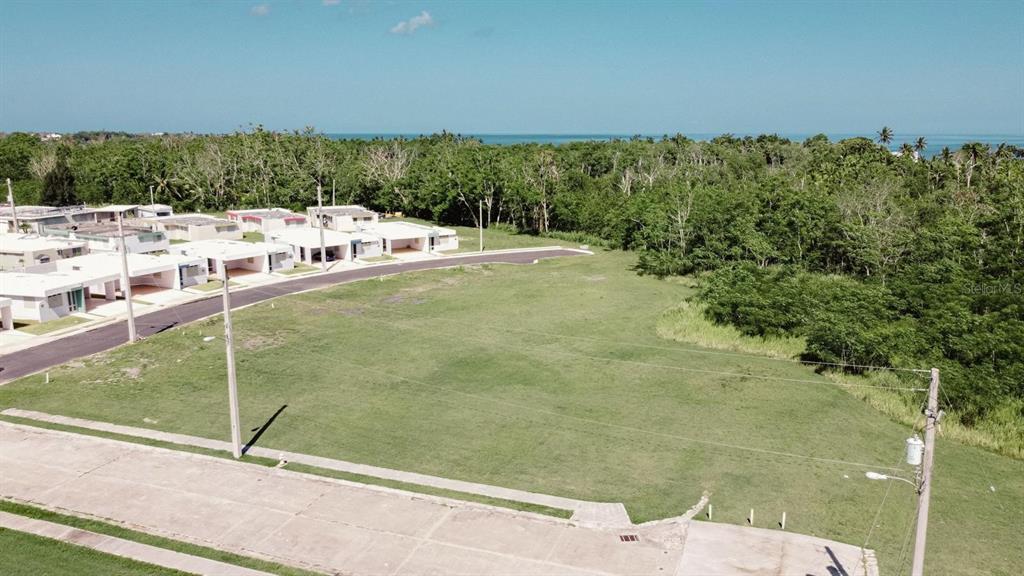 An aerial view shows a vacant grassy lot adjacent to a residential street and trees — VEREDAS DEL MAR, CABO ROJO, PR