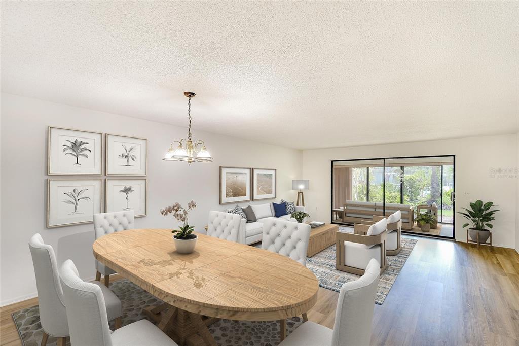 This is a digital rendering of an open-concept dining and living room with wood flooring — 123 WILD PALM DRIVE UNIT 123, BRADENTON, FL