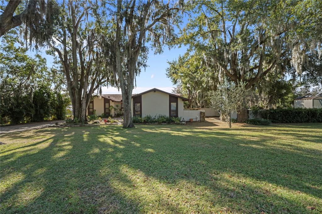 A single-story house with a beige exterior sits behind a large lawn and mature trees — 11210 ELDERBERRY COURT, CLERMONT, FL