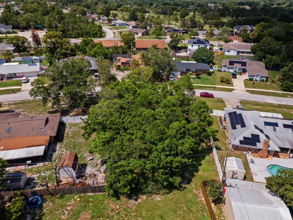An aerial view shows a residential neighborhood with a large tree in the center — 1041 FEATHER DRIVE, DELTONA, FL