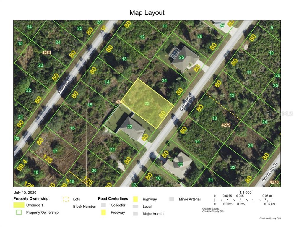 This is a map layout showing property ownership lots, road centerlines, and block numbers — 9227 KOMA STREET, PORT CHARLOTTE, FL