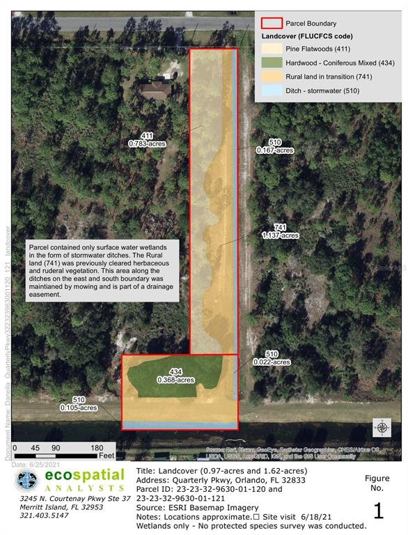 This map shows the landcover and parcel boundaries for two adjacent properties in Florida — Lot 1120 QUARTERLY PARKWAY, ORLANDO, FL