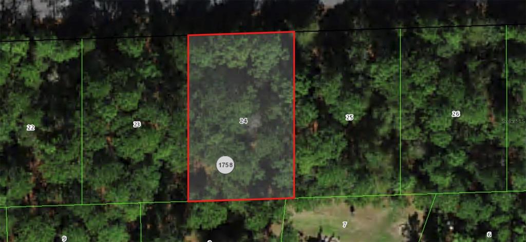 This is an aerial map view of a wooded residential lot highlighted in red — 864 W BANNISTER DRIVE, CITRUS SPRINGS, FL