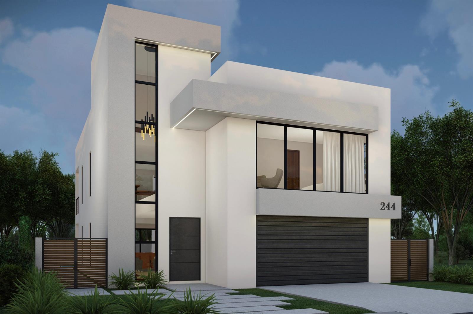 This is a rendering of a modern two-story house with a garage and vertical windows — 244 31st Street, West Palm Beach FL 33407, WEST PALM BEACH, FL