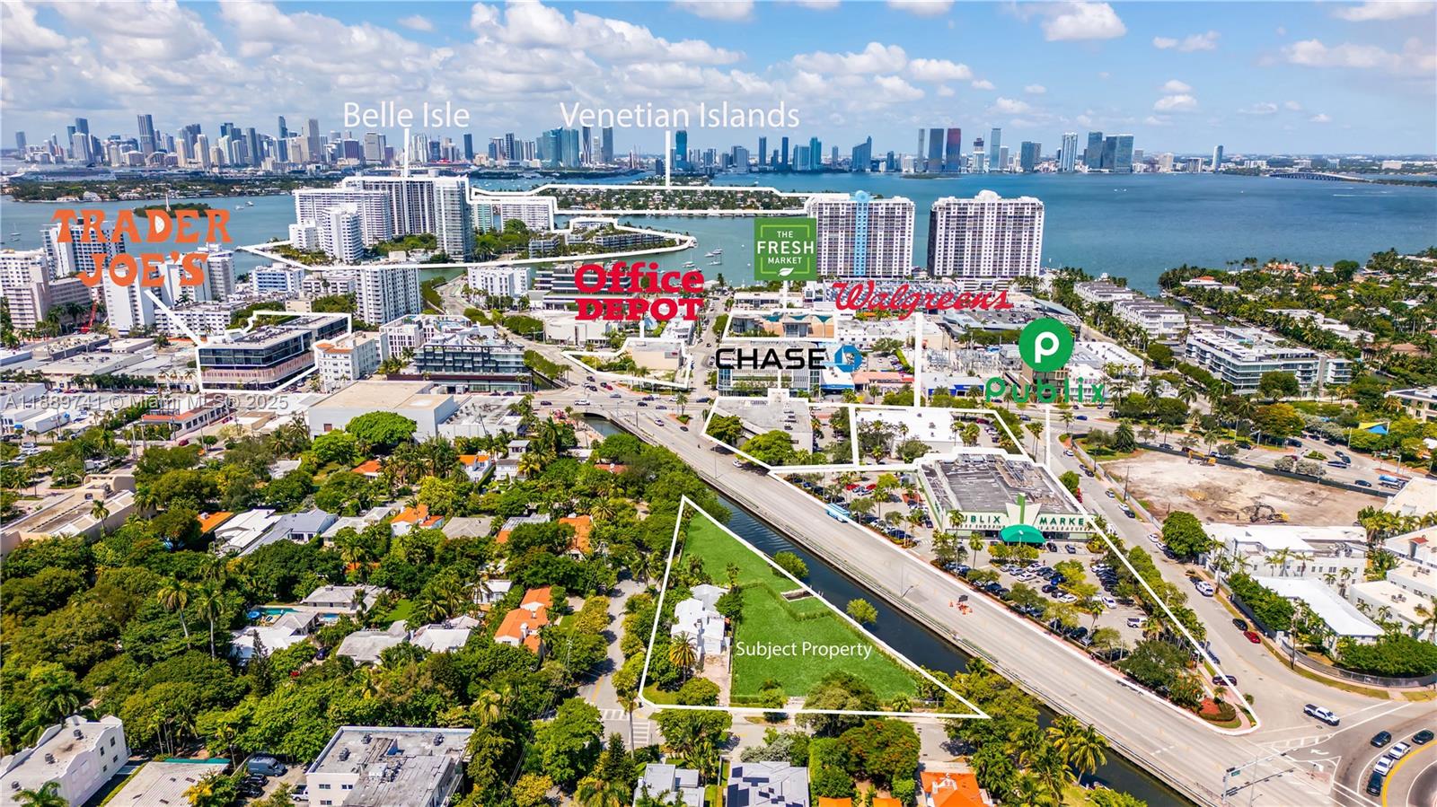 This aerial map shows a vacant lot and nearby retail businesses in a coastal city — 18th st Michigan Ave, Miami Beach FL 33139, MIAMI BEACH, FL