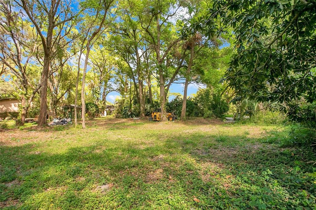 A grassy, wooded lot features a yellow piece of construction equipment parked among the trees — 1120 SHEELER AVENUE, APOPKA, FL