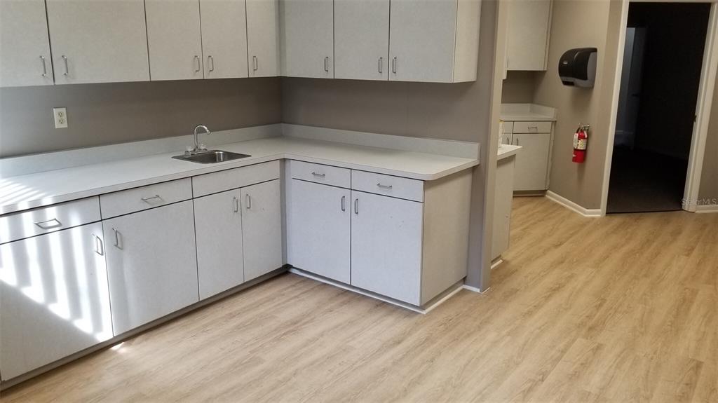 A kitchen area features light-colored cabinetry, a stainless steel sink, and wood-look flooring — 1034 NW 57TH STREET, GAINESVILLE, FL