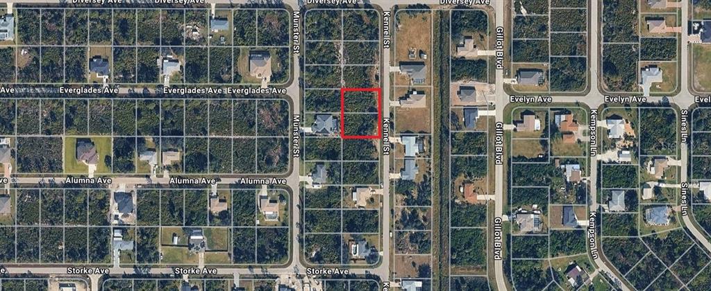 This is an aerial map view of a vacant residential lot outlined in red — 4445 KENNEL STREET, PORT CHARLOTTE, FL