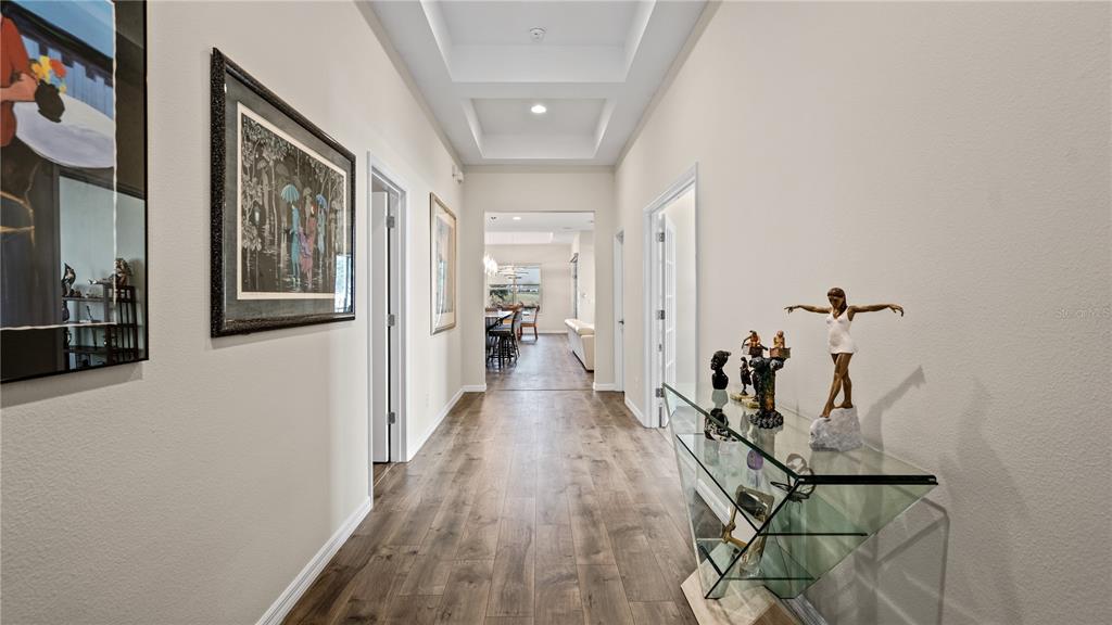 A hallway with wood-look flooring, a tray ceiling, and a glass console table with figurines — 7956 HANSON BAY PLACE, KISSIMMEE, FL