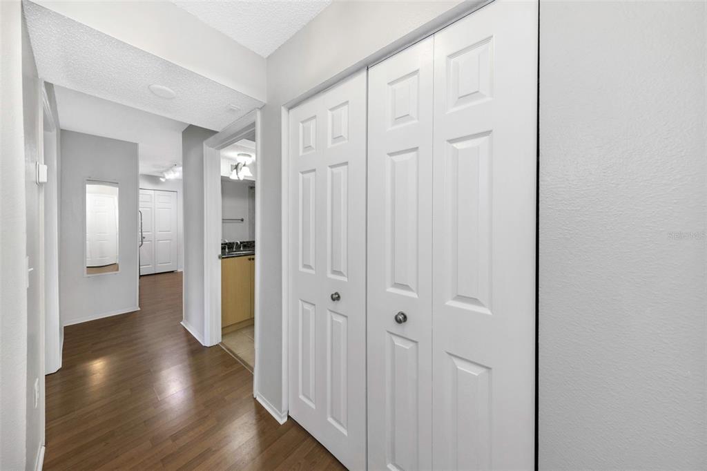 A hallway with wood-look flooring leads to a bathroom and a white closet — 2400 FEATHER SOUND DRIVE UNIT 412, CLEARWATER, FL