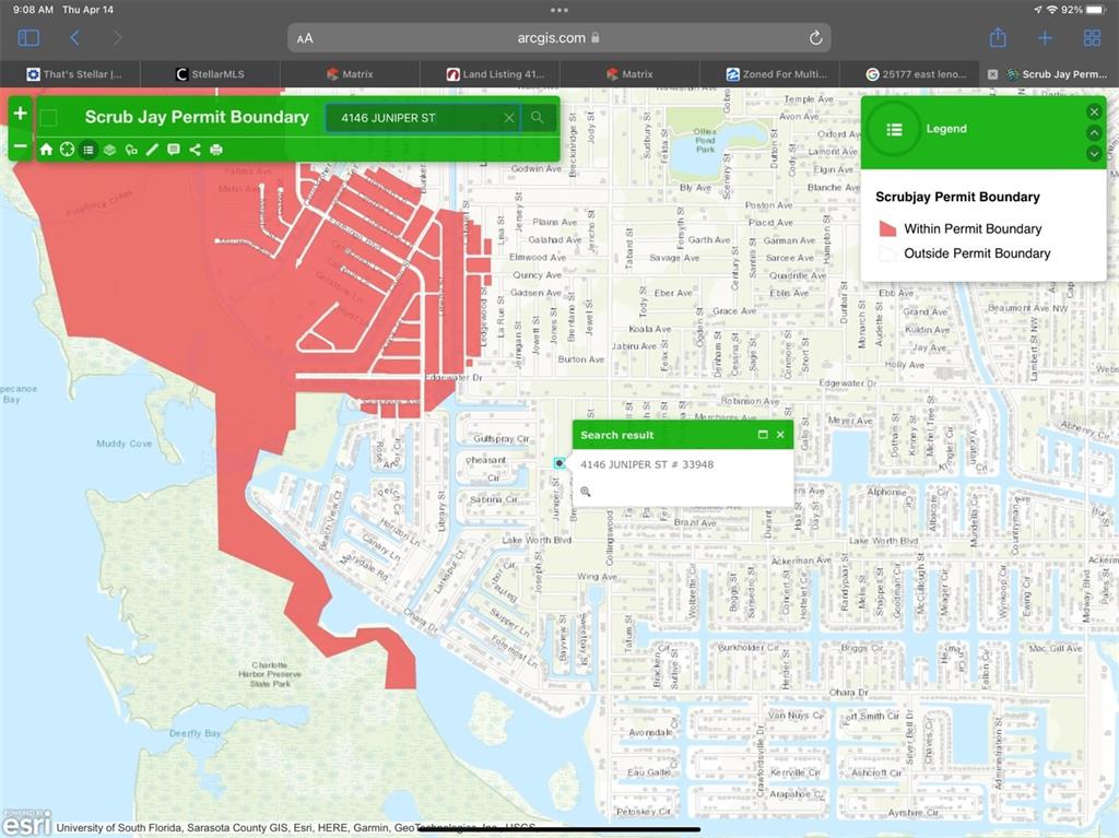 This is a map showing a property location relative to a Scrub Jay permit boundary — 4146 JUNIPER ST, PORT CHARLOTTE, FL