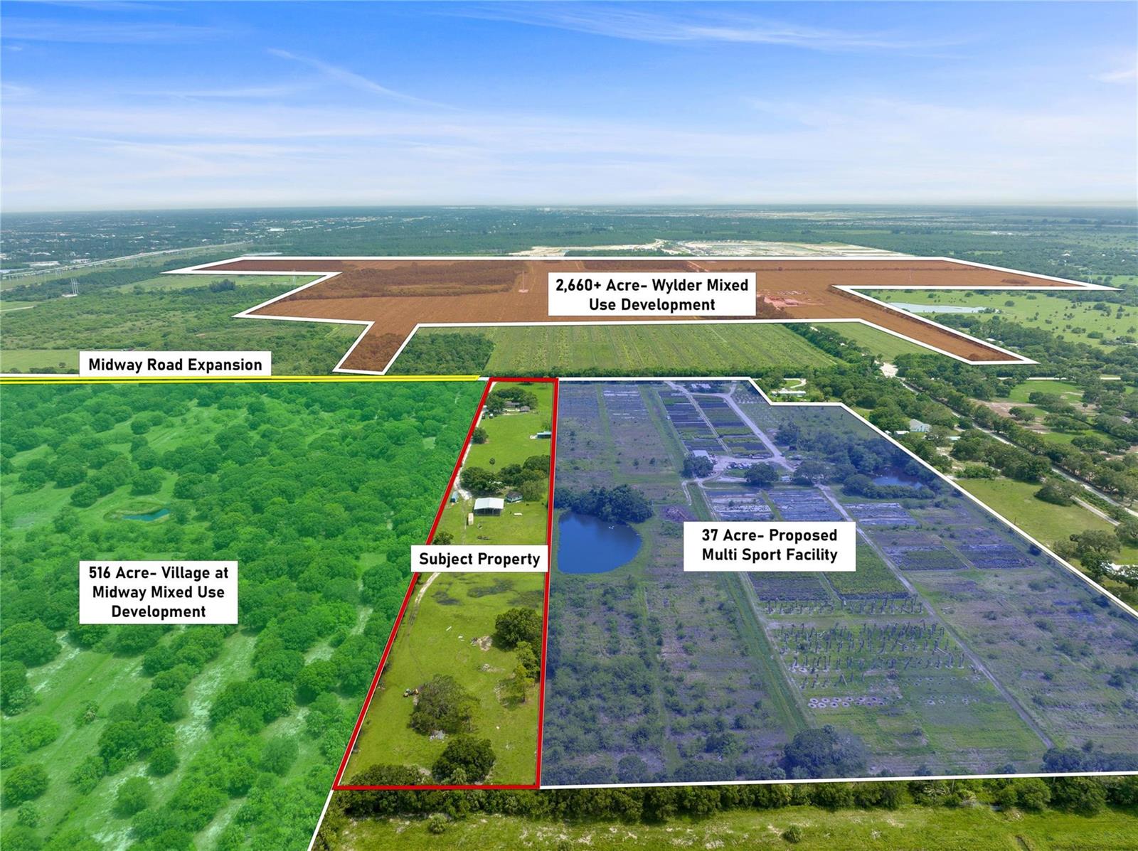 An aerial view shows a rectangular property outlined in red amidst surrounding land development projects — 10120 W Midway Road, Fort Pierce FL 34945, FORT PIERCE, FL