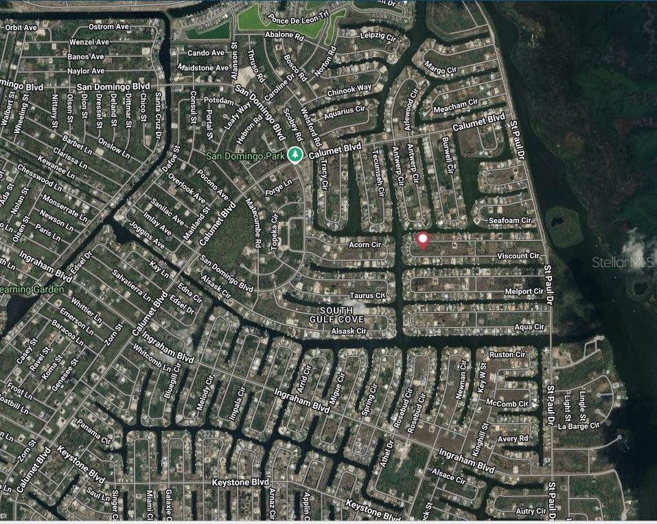 This is an aerial map view of a residential neighborhood in South Gulf Cove — 15723 VISCOUNT CIRCLE, PORT CHARLOTTE, FL
