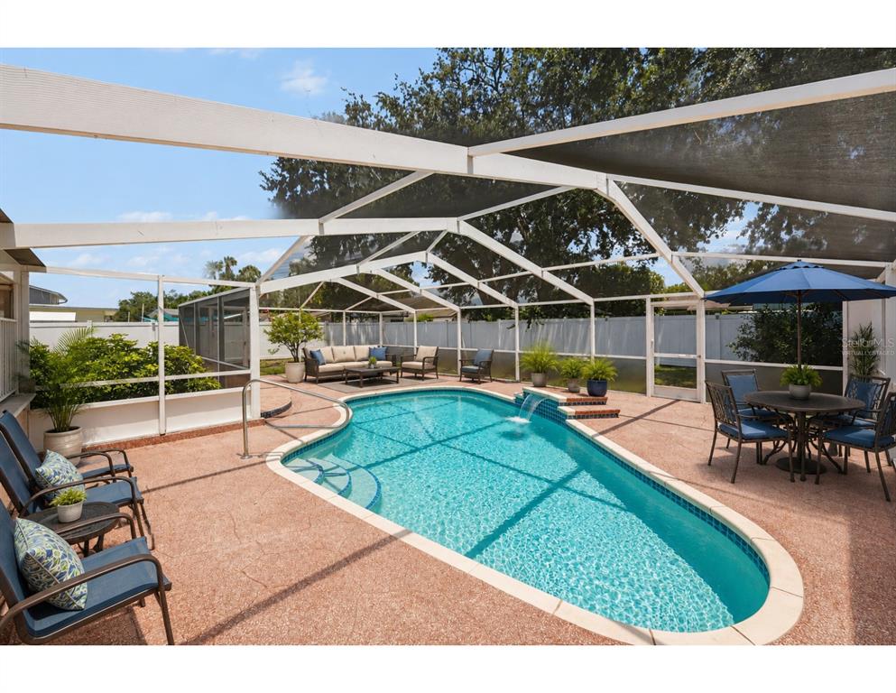 A screened-in patio features a swimming pool with a waterfall and outdoor furniture — 8206 VASSAR CIR, TAMPA, FL