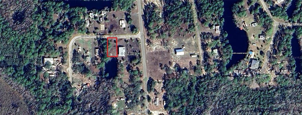 This is an aerial map view showing a rectangular plot of land outlined in red — 193 SE 859TH AVENUE, OLD TOWN, FL