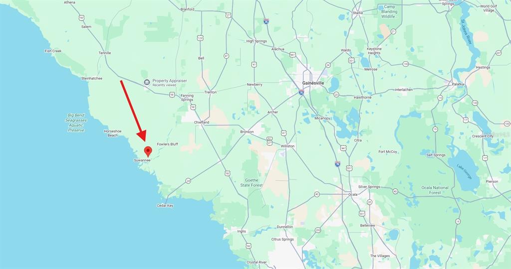 This is a map showing the location of a property near Suwannee, Florida — 193 SE 859TH AVENUE, OLD TOWN, FL