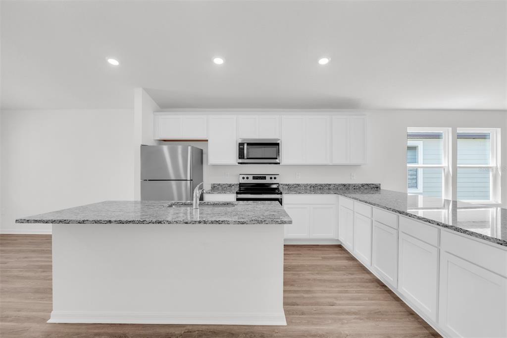 A kitchen features white cabinets, granite countertops, stainless steel appliances, and wood-look flooring — 2517 SW 165TH STREET ROAD, OCALA, FL