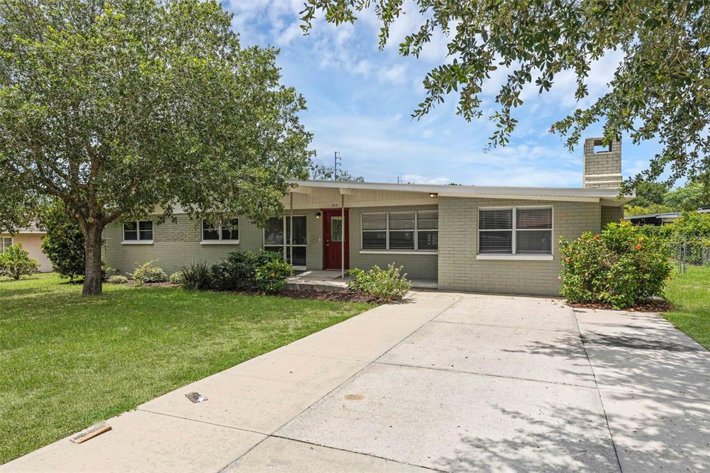 A single-story brick house with a red front door and a concrete driveway — 203 E LAKEVIEW AVENUE, EUSTIS, FL