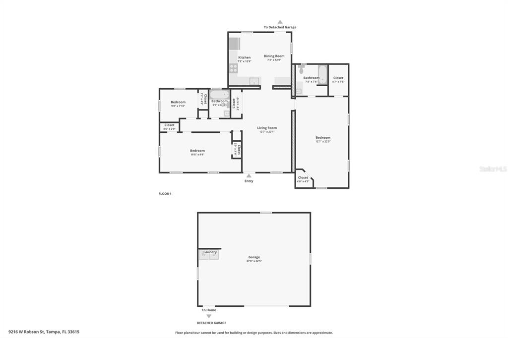 This is a floor plan showing a house with three bedrooms and a detached garage — 9216 W ROBSON STREET, TAMPA, FL