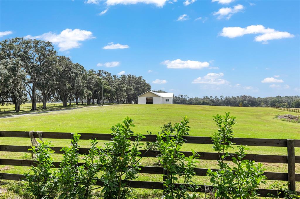 A white barn sits in the middle of a large, grassy field behind a wooden fence — 8544 NW 160TH AVENUE, MORRISTON, FL