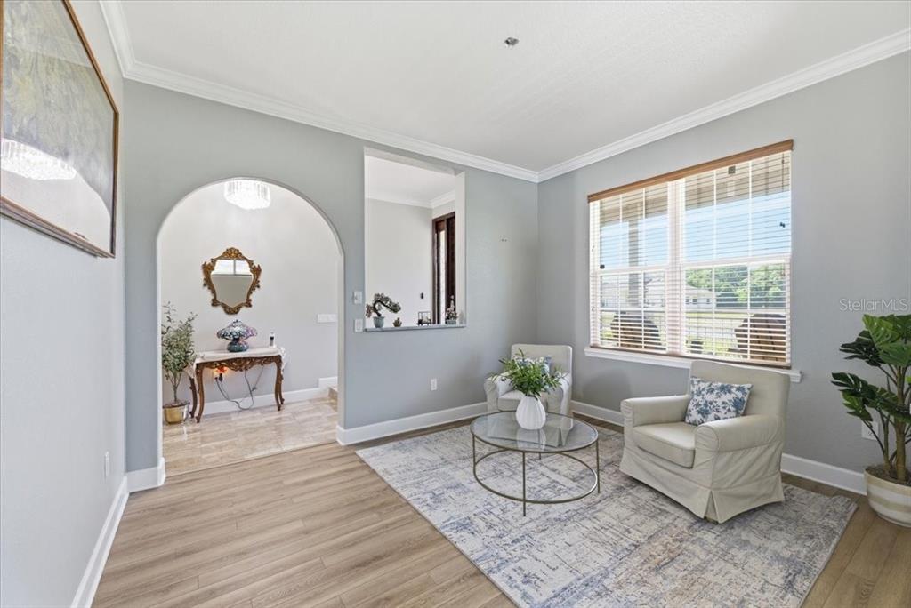 A living room features light gray walls, wood-look flooring, an arched entryway, and large windows — 2818 SHIPSTON AVENUE, NEW PORT RICHEY, FL