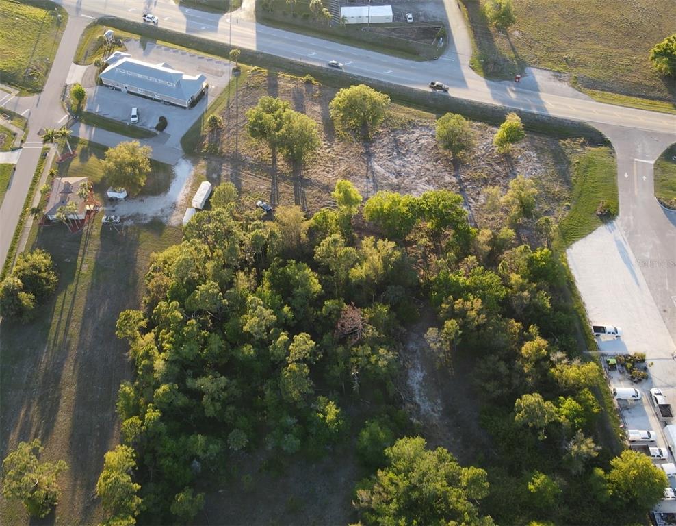 An aerial view shows a wooded lot bordered by a road and commercial buildings — 12354 SW CO ROAD 769, LAKE SUZY, FL
