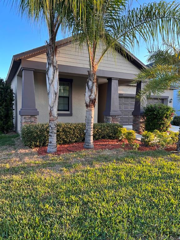 A single-story house exterior features a covered porch with stone-based columns and two palm trees — 10616 GREAT CORMORANT DRIVE, RIVERVIEW, FL