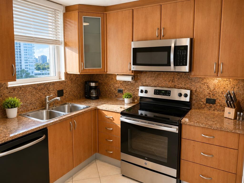 A kitchen with wood cabinets, granite countertops, stainless steel appliances, and a window view — 1035 ASHFORD AVE UNIT 802, SAN JUAN, PR
