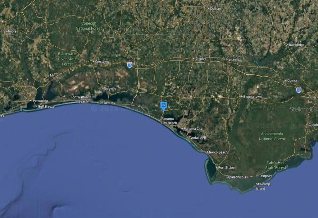 This is a map showing the Florida Panhandle coastline and surrounding inland areas — 7905 RANDOM ROAD, PANAMA CITY BEACH, FL