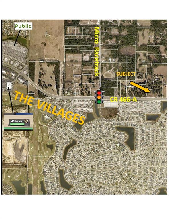 This is an aerial map showing a subject property location relative to nearby commercial developments — 833 COUNTY ROAD 466A, FRUITLAND PARK, FL