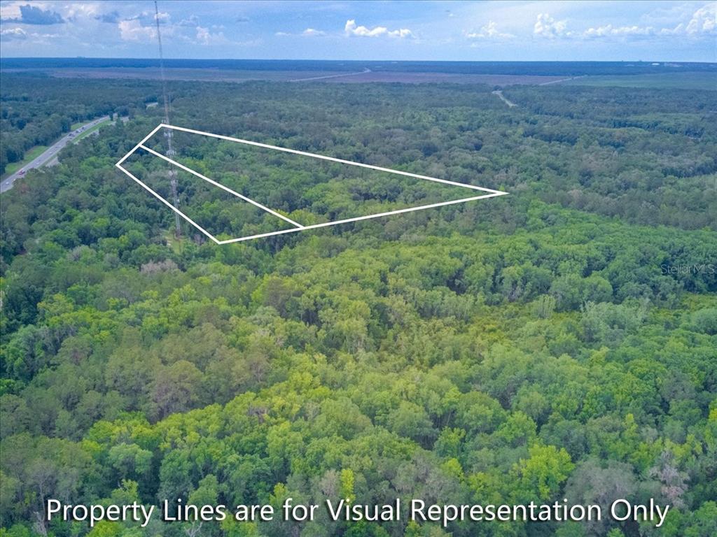 An aerial view shows a wooded lot with a radio tower and white property lines — 100 SE 134TH AVENUE, MICANOPY, FL