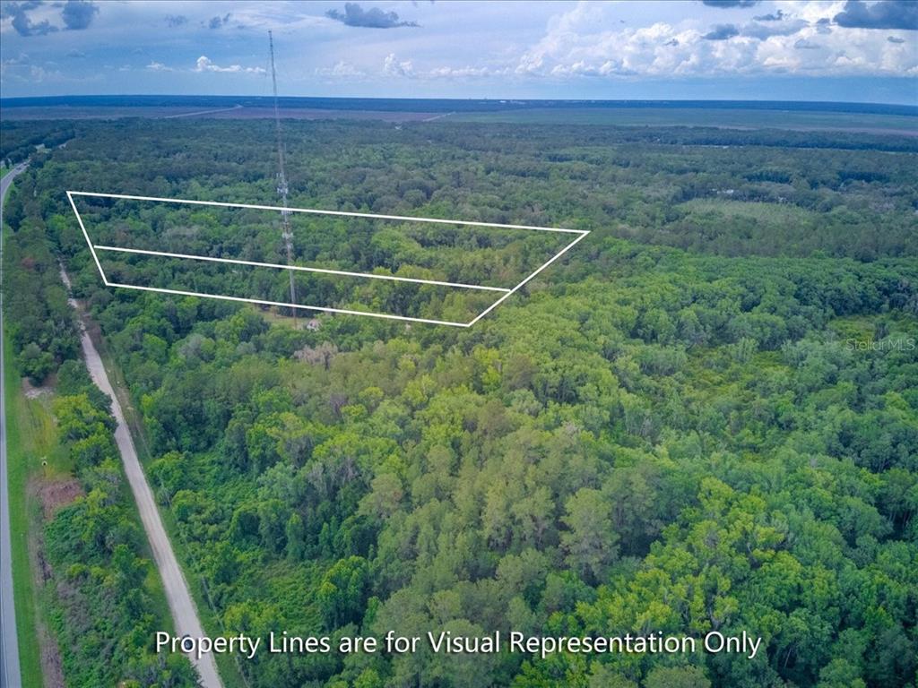 An aerial view shows a wooded lot with a radio tower and property boundary lines — 100 SE 134TH AVENUE, MICANOPY, FL