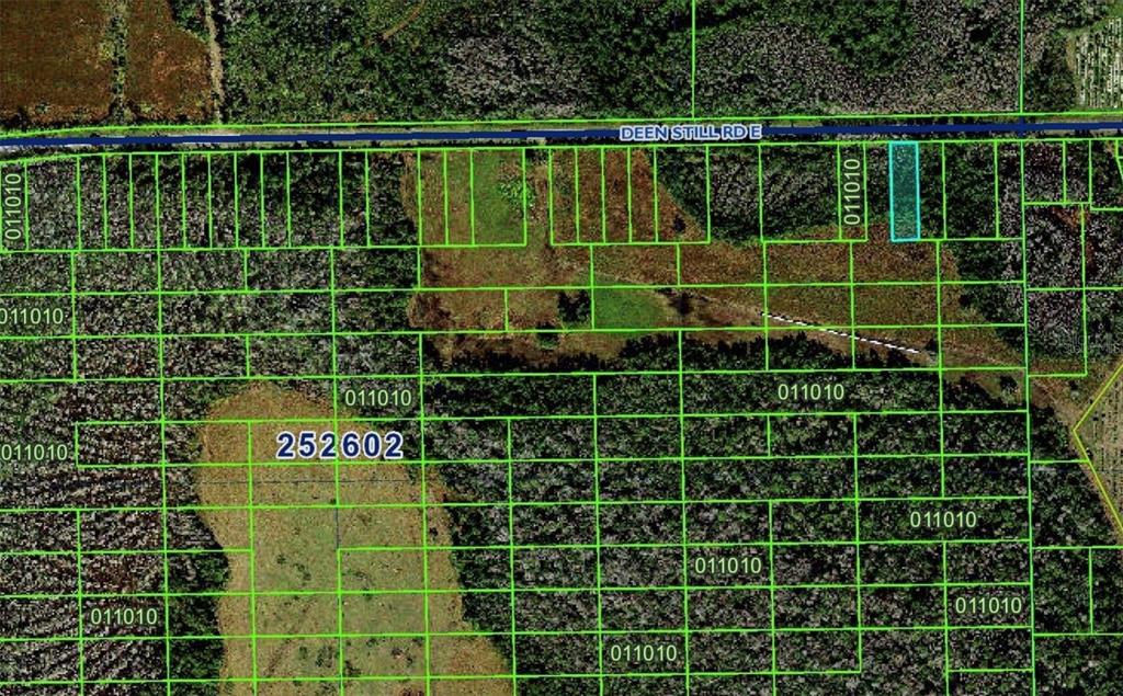 This is an aerial map showing property parcel boundaries along Deen Still Rd E — DEEN STILL ROAD E, POLK CITY, FL