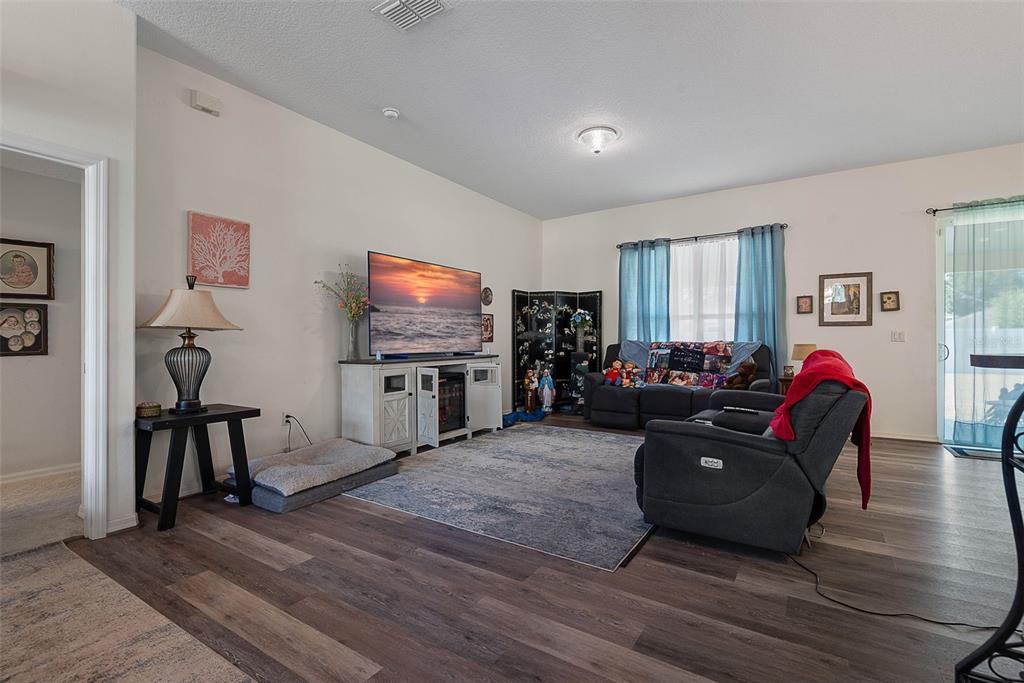 A living room features wood-look flooring, a television on a console, and a gray recliner — 16 WHITE HAVEN LANE, PALM COAST, FL