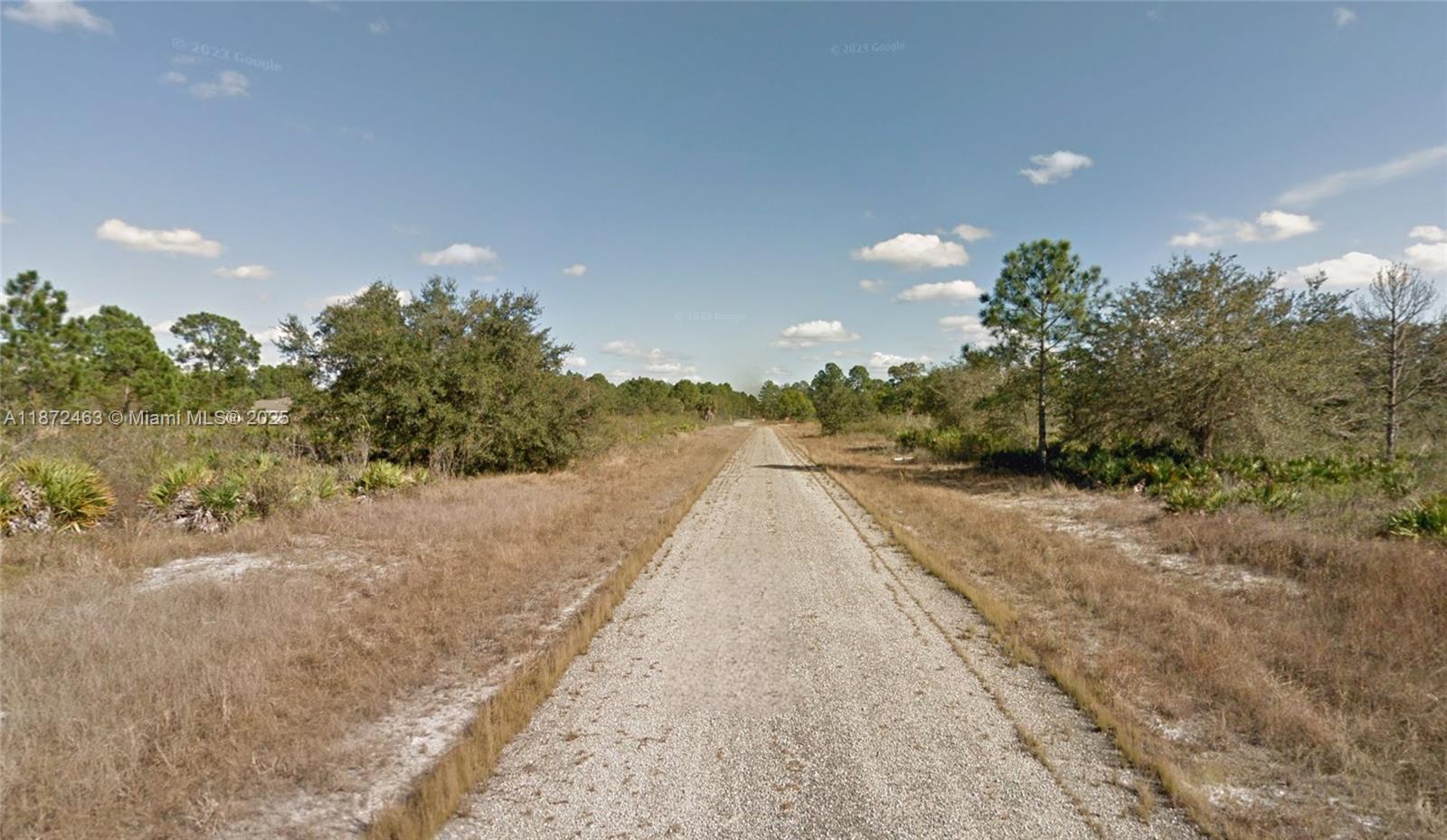 A narrow, unpaved gravel road stretches through a rural landscape with trees and dry grass — 1132 Randan St E, Lehigh Acres FL 33974, LEHIGH ACRES, FL